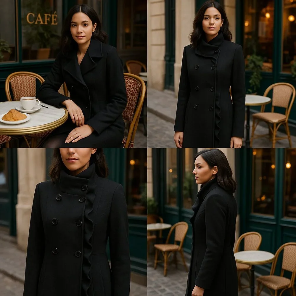 ✨T Tahari Black Ruffled Collar Coat – Elegant & Timeless - Picture 3 of 14